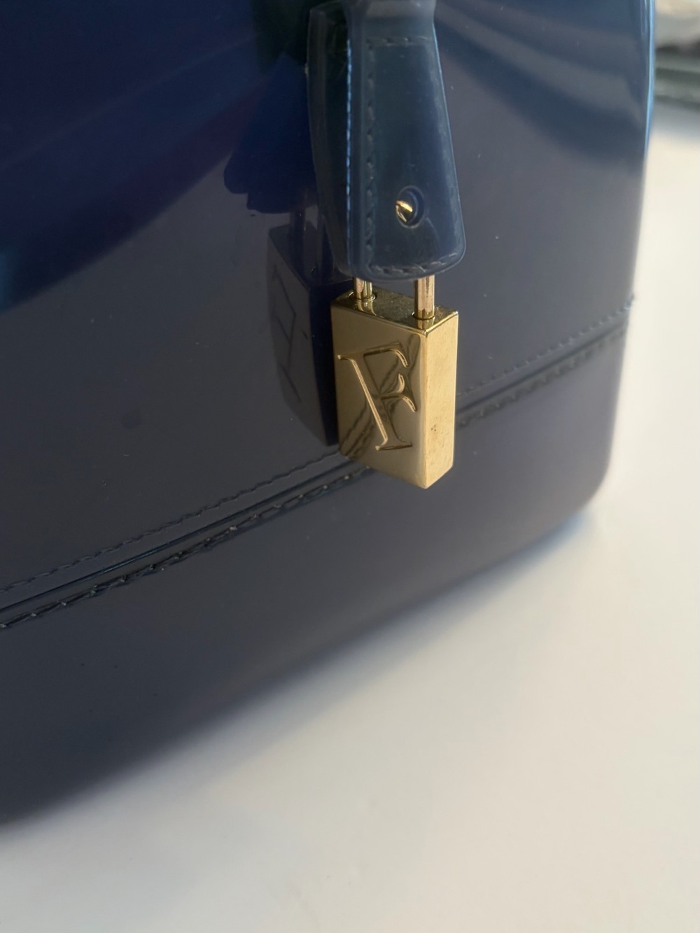 Furla Navy Patent Candy Bag Satchel - Picture 9 of 12